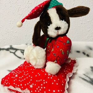 1993 VTG Giftco Sleepy Eyed Puppy in Christmas Pajamas and Hat on a Pillow